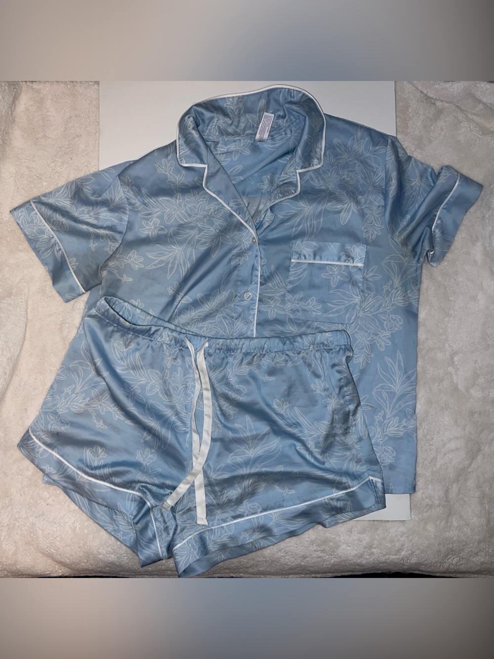 stars above Coord Light Blue Floral Satin Short Sleeve Pajama Top and Shorts